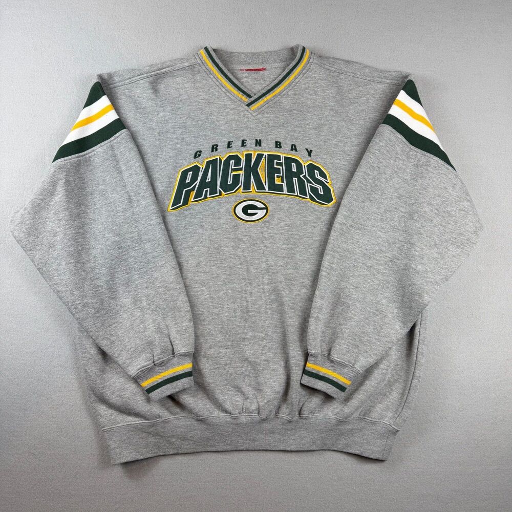 Vintage Green Bay Packers Sweatshirt Mens XXL Gray NFL V Neck Crewneck 90s